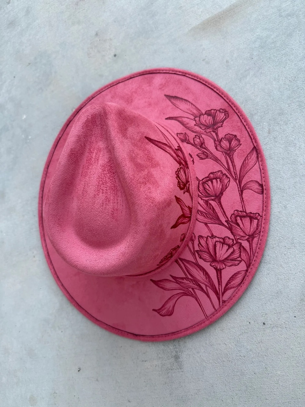 Floral burned dusty rose wide brim rancher hat western cowboy hat pink